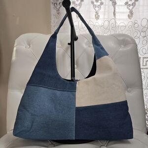 Elegant Blue and Cream Patchwork Shoulder Bag